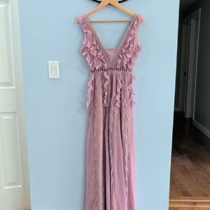 True Decadence Lilac Plunge-Front Ruffled Lace Panelled Maxi Dress